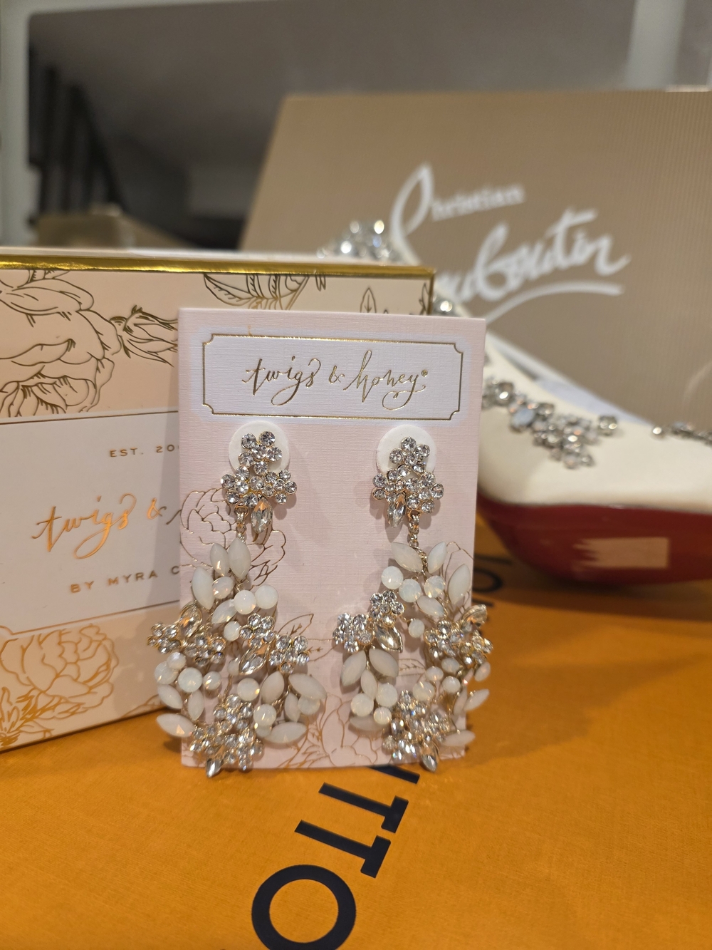 Twigz & Honey White Crystal Floral Drop Earrings Sorry Mono Yellow Gold Opal And